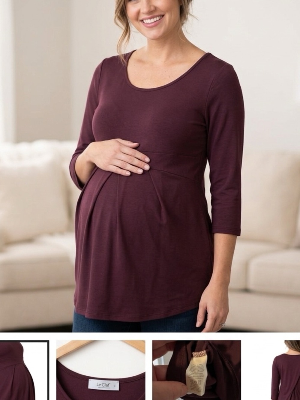 LaClef Maternity Women's Scoop Neck Long Sleeve Tunic Dress in Plum